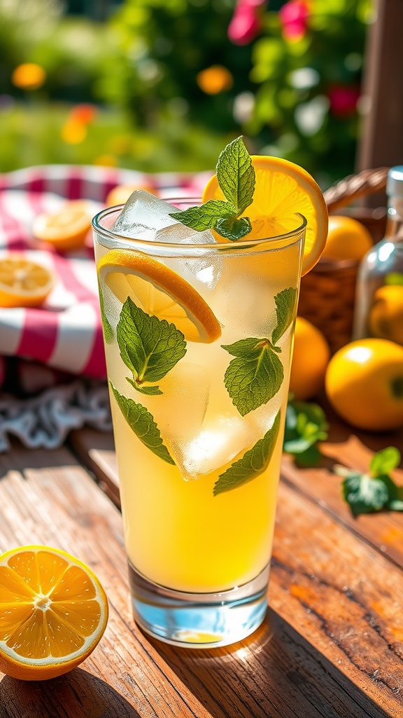A vibrant glass of minted tequila lemonade with ice, lemon slices, and mint leaves on a rustic table.